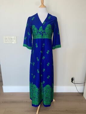 Vintage 60s Sears Hawaiian Fashions Maxi Dress Gown 3/4 Sleeveless Blue Small